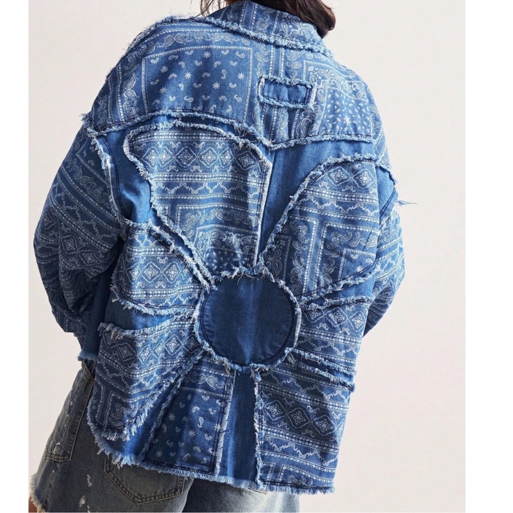 Dark Wash Paisley Print Fray Detail Button Down Oversized Denim Jacket S M L XL
